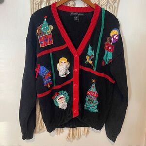 Vintage Christmas Holiday Sweater Knit Cardigan Size Large Satin Patches 90s VTG